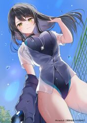 1girl black_hair blue_one-piece_swimsuit blush breasts commentary_request cowboy_shot dutch_angle from_below hair_between_eyes highres holding holding_own_hair large_breasts lens_flare looking_at_viewer niwata0 one-piece_swimsuit open_clothes open_shirt original see-through_clothes see-through_shirt shirt signature sky solo suou_akane_(niwata0) swept_bangs swimsuit water_drop wet wet_clothes wet_swimsuit whistle whistle_around_neck