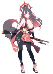 1girl absurdres alternate_costume animal_ear_fluff animal_ears arms_behind_back austsue bare_shoulders black_dress black_gloves black_hair black_nails black_pants black_sash blue_archive blush breasts cleavage closed_mouth colored_inner_hair dress fingerless_gloves fox_ears fox_girl fox_tail gloves gun highres holding holding_gun holding_weapon large_breasts looking_at_viewer multicolored_dress multicolored_hair obi pants rifle sash sleeveless sleeveless_dress smile solo tail two-tone_hair wakamo_(blue_archive) weapon yellow_eyes
