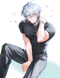1boy alicevseliet antenna_hair artist_name black_choker black_pants black_shirt blue_eyes blue_hair choker covered_pectorals hair_between_eyes highres honkai:_star_rail honkai_(series) male_focus muscular muscular_male pants pectorals phainon_(honkai:_star_rail) shirt short_hair simple_background solo white_background