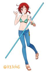 1girl ;d absurdres bangle bare_arms bikini bikini_top_only blue_pants blush bracelet breasts clima-tact collarbone commentary commission company_connection cosplay denim earrings full_body gold_bracelet green_bikini grin hair_ornament highres hino_akane_(smile_precure!) holding holding_polearm holding_weapon jeans jewelry kagami_chihiro knees_together_feet_apart log_pose looking_at_viewer low_ponytail money_gesture nami_(one_piece) nami_(one_piece)_(cosplay) navel no_shirt one_eye_closed one_piece open_mouth pants pearl_earrings pixiv_commission polearm ponytail precure red_eyes red_hair sandals short_ponytail shoulder_tattoo small_breasts smile smile_precure! solo standing swimsuit tattoo teeth toei_animation toes twitter_username weapon white_background x_hair_ornament