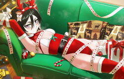 1girl absurdres animal_ears antlers black_hair bleach breasts candy candy_cane christmas_present christmas_tree couch cushion deer_ears elbow_gloves fake_animal_ears fake_antlers food fur-trimmed_gloves fur-trimmed_thighhighs fur_trim gift gloves hair_between_eyes highleg highleg_leotard highres horns kuchiki_rukia leotard lying on_back on_couch purple_eyes red_gloves red_leotard red_thighhighs reindeer_antlers ribbon short_hair small_breasts solo thighhighs waligner
