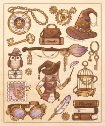 1girl animal belt belt_pouch bird birdcage book bottle briefcase broom brown_bag brown_belt brown_dress brown_gloves brown_hat cage chain charm_(object) commentary dress english_commentary envelope feathers fingerless_gloves frills gears gem gloves goggles gradient_hair hand_on_own_hip hat heart highres holding holding_wand key keyring kurainvillager lace-up lantern long_hair multicolored_hair object_focus original owl plume pocket_watch postage_stamp potion pouch purple_hair solo steampunk unworn_goggles wand watch witch witch_hat yellow_background