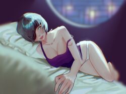 1girl artist_name bare_shoulders bed bed_sheet breasts chainsaw_man cleavage curvy eyepatch grey_hair highres himeno_(chainsaw_man) looking_at_viewer lying mature_female medium_breasts moonlight night night_sky open_window outstretched_arm panties pillow round_window shadow short_hair sky solo tank_top thighs underwear window