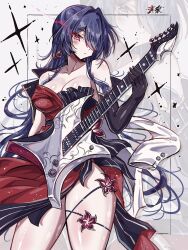1girl acheron_(honkai:_star_rail) acheron_(star_rail_live_2025)_(honkai:_star_rail) bare_shoulders black_dress black_gloves breasts cleavage commentary dress elbow_gloves eye_trail gloves guitar highres holding holding_guitar holding_instrument honkai:_star_rail honkai_(series) instrument large_breasts light_trail long_hair multicolored_hair official_alternate_costume purple_eyes purple_hair red_dress solo thighs two-tone_hair usa_(usagi_minku) very_long_hair zoom_layer