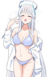 1girl absurdres alternate_costume bikini blue_archive blue_bikini breasts closed_eyes halo headgear heavy_breathing highres large_breasts long_sleeves mechanical_halo medium_breasts noa_(blue_archive) ogura_toast open_clothes open_shirt shirt solo sweat swimsuit wet white_background white_hair white_halo white_shirt