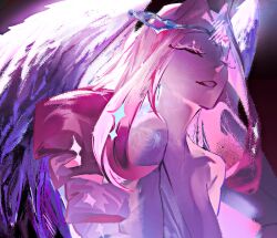 1girl angel angel_wings breasts colored_skin cookie_run cookie_run:_kingdom demon_girl demon_wings dress eternal_sugar_cookie long_hair medium_breasts pcacao pink_hair pink_skin pink_theme solo very_long_hair white_dress wings