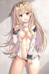 10s 1girl :d absurdres areola_slip artist_name black_panties black_ribbon blonde_hair convenient_censoring cowboy_shot fangs female_focus gluteal_fold hair_censor hair_flaps hair_ornament hair_over_breasts hair_ribbon hairclip hand_up highres kantai_collection looking_at_viewer navel no_bra open_mouth panties paw_pose pink_eyes ribbon rin_yuu scarf school_uniform serafuku shade shiny_skin shirt_slip signature smile solo twitter_username underwear white_scarf yuudachi_(kancolle) yuudachi_kai_ni_(kancolle)
