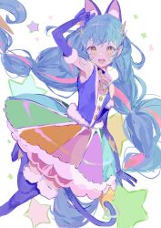Rule 34 | 1girl, absurdres, animal ears, blue choker, blue gloves, blue hair, brooch, cat ears, cat tail, choker, cure cosmo, extra ears, fur-trimmed gloves, fur trim, gloves, highres, jewelry, long hair, magical girl, multicolored skirt, open mouth, precure, rainbow skirt, seika (yuimarutoka0219), skirt, sleeveless, smile, solo, star brooch, star twinkle precure, tail, tail ornament, tail ring, twintails, yellow eyes, yuni (precure)