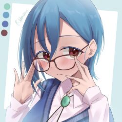 1girl alternate_costume artist_name bespectacled blue_border blue_hair blue_sweater_vest blush border breasts brown-framed_eyewear closed_mouth collared_shirt color_guide commentary_request dress_shirt glasses highres large_breasts looking_at_viewer love_live! love_live!_superstar!! medium_hair orange_eyes outside_border rikka006 shirt simple_background solo sweater_vest upper_body wakana_shiki white_background white_shirt