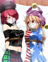 2girls absurdres american_flag_dress bare_shoulders black_shirt blonde_hair bound cloth_gag clownpiece gag gagged hat hecatia_lapislazuli highres improvised_gag kikoka_(mizuumi) long_hair lying multiple_girls over_the_nose_gag plaid_clothes plaid_skirt purple_hat red_eyes red_hair shirt short_hair skirt touhou underworld_(ornament)