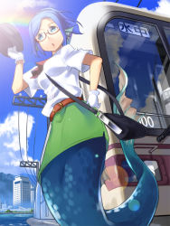 Rule 34 | 1girl, :o, ascot, bag, belt, between breasts, blue eyes, blue hair, breasts, building, cloud, day, female focus, fins, glasses, gloves, green skirt, hat, head fins, holding, holding unworn clothes, holding unworn hat, lens flare, matching hair/eyes, mermaid, miniskirt, monster girl, multiple unit train, open mouth, original, rainbow, red-framed eyewear, semi-rimless eyewear, shoulder bag, skirt, sky, solo, sun, sunlight, tail, train, train attendant, travel attendant, under-rim eyewear, unworn hat, unworn headwear, water, white gloves, yuuzii