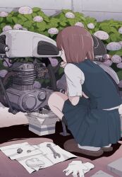 1girl blue_vest bolt_(hardware) box brown_hair brown_slippers engine flower gloves highres motor_oil motor_vehicle motorcycle original plant pleated_skirt short_sleeves skirt slippers solo squatting sukabu tissue unworn_gloves vest white_flower white_gloves wrench