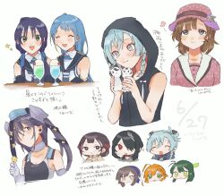 asahi_(kancolle) asahi_(rainy_season)_(kancolle) candy chibi commentary_request cream_soda drink food head_only highres hood hood_up hooded_shirt kantai_collection kaya_(kancolle) kumano_maru_(kancolle) lollipop looking_at_viewer makura_(kick_mt_kick) mogador_(kancolle) polka_dot_hat samidare_(kancolle) scamp_(kancolle) school_uniform serafuku shimane_maru_(kancolle) shimane_maru_(rainy_season)_(kancolle) smile sugi_(kancolle) suzukaze_(kancolle) translation_request upper_body yamashio_maru_(kancolle)