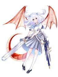 Rule 34 | 1girl, black gloves, black shoes, blue neckerchief, dairoku ryouhei, dragon girl, dragon tail, fel ooyama, gloves, grey eyes, grey sailor collar, grey skirt, holding, holding sword, holding weapon, kneehighs, medium hair, midriff peek, neckerchief, sailor collar, school uniform, sheath, shoes, skirt, smile, socks, solo, sword, tail, tsukibihito (tw), two side up, weapon, white hair, white socks, wings