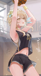 1girl armpits basketball basketball_uniform black_shirt black_shorts blonde_hair blurry blurry_background bra bra_peek commentary_request genshin_impact gym highres jumping kabu_usagi light_particles looking_ahead lumine_(genshin_impact) midriff midriff_peek navel open_mouth paid_reward_available shirt short_hair_with_long_locks shorts signature solo sparkle sportswear sweat sweatdrop translation_request underwear yellow_eyes