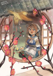 ahoge apron artist_name bandana bird blue_sailor_collar blue_serafuku blue_skirt braid braided_hair_rings brown_hair brown_shawl chougei_(kancolle) dated derivative_work drink flower flycatcher_(animal) grey_eyes hair_ornament hair_rings highres kantai_collection kirisawa_juuzou long_hair neckerchief pleated_skirt plum_blossoms sailor_collar school_uniform serafuku shawl skirt tatami twin_braids waist_apron whale_hair_ornament white_apron white_bandana white_neckerchief window