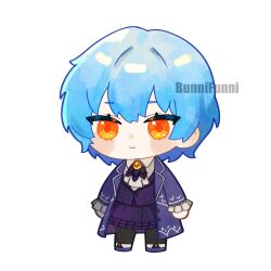 Rule 34 | 1girl, angela (project moon), ascot, black pantyhose, blue coat, blue hair, blue shoes, blue skirt, blue vest, chibi, closed mouth, coat, collared shirt, full body, funnibunni, highres, library of ruina, long sleeves, looking at viewer, orange brooch, orange eyes, pantyhose, project moon, shirt, shoes, short hair, simple background, skirt, solo, standing, vest, white ascot, white background, white shirt