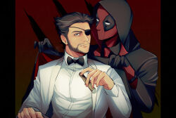 2boys absurdres beard black_bow black_bowtie black_jacket black_shirt bow bowtie brown_hair cigar closed_mouth collared_shirt commentary_request deadpool deadpool_&amp;_wolverine deadpool_(series) eyepatch facial_hair formal_clothes gloves highres holding holding_cigar hood hood_up jacket long_sleeves looking_at_another male_focus marvel marvel_cinematic_universe mask multiple_boys patch_(wolverine) red_mask shirt short_hair sirokuman17 suit white_jacket white_shirt white_suit wolverine_(x-men) x-men yaoi