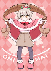 1girl ahoge argyle_background argyle_clothes black_pantyhose boots brown_eyes brown_shorts c: commentary copyright_name full_body fur_collar fur_trim grey_hair hair_between_eyes hair_ornament highres holding holding_unworn_clothes holding_unworn_scarf holly_hair_ornament kugelschreiber long_sleeves looking_at_viewer onii-chan_wa_oshimai! outstretched_arms oyama_mahiro pantyhose pink_background pink_boots plaid_clothes plaid_scarf poncho red_poncho scarf shorts simple_background smile solo spread_arms standing straight-on unworn_scarf v-shaped_eyebrows