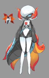 1girl aliasing arthropod_girl black_skin blue_eyes bob_cut body_fur boots bright_pupils closed_mouth colored_skin covered_navel ddingyong expressionless female_focus full_body fusion gardevoir gen_3_pokemon gen_5_pokemon grey_background groin hair_over_one_eye horns insect_girl legs leotard monster_girl moth_girl narrow_waist nintendo no_feet official_art_inset one_eye_covered pokemon pokemon_(creature) red_horns shiny_skin short_hair simple_background solo standing thigh_boots volcarona white_boots white_fur white_hair white_leotard white_pupils wide_hips