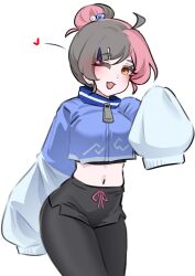 Rule 34 | :3, absurdres, ahoge, black leggings, black shorts, black sports bra, blue jacket, character request, cropped jacket, grey hair, hair bun, hair ornament, hairclip, hand up, heart, highres, jacket, k0ng, leggings, long sleeves, multicolored jacket, one eye closed, open mouth, short hair, short shorts, shorts, simple background, single hair bun, sleeves past fingers, sleeves past wrists, smile, sports bra, trickcal, two-tone jacket, white background, white jacket, yellow eyes