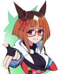 1girl absurdres animal_ears badge black_gloves black_shirt bow breasts brown_hair button_badge commentary_request cropped_torso ear_ribbon fanny_pack fingerless_gloves glasses gloves grin hand_up headphones headphones_around_neck highres horse_ears horse_girl large_breasts looking_at_viewer reaching reaching_towards_viewer red-framed_eyewear red_eyes red_ribbon ribbon shirt short_hair smile solo sorano_(12gou) transcend_(umamusume) umamusume
