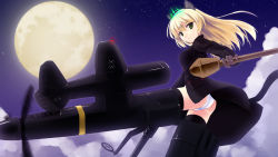 1girl ammunition animal_ears blonde_hair cat_ears cat_tail cloud coat female_focus full_moon gloves green_eyes gun heinrike_prinzessin_zu_sayn-wittgenstein high-explosive_anti-tank_(warhead) highres hirschgeweih_antennas long_hair man-portable_anti-tank_systems military military_uniform mizuki_(mizuki_ame) moon night night_sky noble_witches panties pantyshot panzerfaust recoilless_gun sky solo star_(sky) strike_witches striker_unit tail underwear weapon white_panties world_witches_series