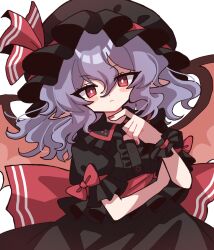 Rule 34 | 1girl, alternate color, bat wings, black hat, black shirt, black skirt, bow, collared shirt, commentary request, frilled shirt collar, frills, furiba 794, hair between eyes, hat, hat ribbon, highres, looking at viewer, mob cap, puffy short sleeves, puffy sleeves, red bow, red eyes, red nails, red ribbon, remilia scarlet, ribbon, shirt, short hair, short sleeves, simple background, skirt, skirt set, solo, touhou, white background, wings, wrist cuffs