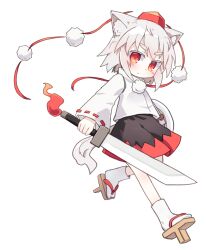 1girl animal_ears black_skirt blush brown_sandals closed_mouth commentary_request full_body geta hat highres holding holding_shield holding_sword holding_weapon inubashiri_momiji kibisake long_sleeves looking_at_viewer pom_pom_(clothes) red_eyes red_hat red_skirt ribbon-trimmed_sleeves ribbon_trim sandals shield shirt short_hair simple_background skirt socks solo sword tabi tail tengu-geta thick_eyebrows tokin_hat touhou turtleneck turtleneck_shirt two-tone_skirt v-shaped_eyebrows walking weapon white_background white_hair white_shirt white_socks wolf_ears wolf_girl wolf_tail