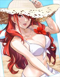 1girl absurdres alternate_costume bikini blush breasts cleavage flower front-tie_bikini_top front-tie_top hair_over_one_eye hat highres kirijou_mitsuru large_breasts long_hair looking_at_viewer navel official_alternate_costume persona persona_3 red_eyes red_flower red_hair red_lips smile solo stomach straw_hat sun_hat swimsuit wanderstillart white_bikini