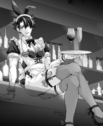 1boy :d alcohol animal_ear_hairband animal_ears apron arm_support artist_name banknote bar_(place) bottle bow bowtie champagne_flute character_name commentary_request counter crossdressing crossed_legs cup detached_collar detached_sleeves drinking_glass ear_piercing earrings fake_animal_ears fake_tail frilled_apron frilled_sleeves frilled_wristband frills garter_straps genshin_impact greyscale hair_between_eyes hairband hand_up high_heels highleg highleg_leotard highres holding holding_tray indoors jewelry leotard looking_at_viewer maid_apron maid_headdress male_focus male_playboy_bunny meguro money monochrome multicolored_hair multiple_scars name_tag on_counter open_mouth parted_bangs pectoral_cleavage pectorals piercing puffy_short_sleeves puffy_sleeves rabbit_boy rabbit_ear_hairband rabbit_ears rabbit_tail scar scar_on_arm scar_on_leg scar_on_neck shelf shoes short_hair short_sleeves sitting smile solo strapless strapless_leotard streaked_hair stud_earrings sweatdrop tail teeth thigh_strap thighhighs tray tucked_money twitter_username upper_teeth_only wine wine_glass wing_collar wriothesley_(genshin_impact) wristband