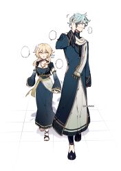 ... 1boy 1girl absurdres aged_down alternate_costume aqua_dress blank_speech_bubble blonde_hair blue_hair commentary detached_sleeves dottore_(genshin_impact) dottore_(manga)_(genshin_impact) dress feather_hair_ornament feathers flower genshin_impact hair_flower hair_ornament highres indian_clothes jewelry kradebii long_sleeves lumine_(genshin_impact) necklace open_mouth sandals scarf sharp_teeth short_hair short_hair_with_long_locks short_sleeves speech_bubble spoken_ellipsis teeth white_flower white_scarf yellow_eyes