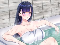 Rule 34 | 1girl, bathroom, bathtub, breasts, cleavage, closed mouth, collarbone, commentary request, earrings, highres, honkai (series), honkai impact 3rd, jewelry, large breasts, large variant set, long hair, mordrex art, naked towel, purple eyes, purple hair, raiden mei, raiden mei (apho), solo, towel, variant set, very long hair, wet