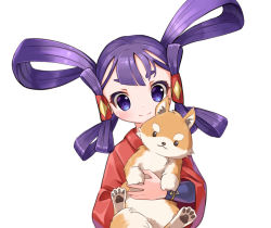 1girl animal black_eyes blue_eyes dog hair_rings holding holding_animal holding_dog japanese_clothes light_blush purple_hair sakuna-hime short_eyebrows smile solo taedu tensui_no_sakuna-hime v-shaped_eyebrows white_background