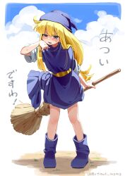 Rule 34 | 1girl, absurdres, artist name, belt, blonde hair, blue boots, blue eyes, blue hat, blue robe, blue sky, blush, boots, broom, cloud, cloudy sky, commentary request, day, dirt, full body, gold belt, hand on own face, hand up, hat, highres, holding, holding broom, hot, leaning forward, long hair, looking at viewer, motimoti mgmg, open mouth, outdoors, phrygian cap, pigeon-toed, puyopuyo, robe, side ahoge, sidelocks, sky, sleeves rolled up, solo, squinting, standing, sunlight, sweat, three-quarter sleeves, translation request, twitter username, v-shaped eyebrows, very long hair, very sweaty, wiping sweat, witch (puyopuyo)