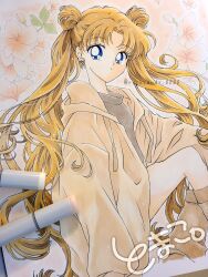 Rule 34 | 1girl, art tools in frame, bishoujo senshi sailor moon, blonde hair, blue eyes, double bun, hair bun, highres, jacket, long hair, parted bangs, rockcandy 0000, socks, solo, tsukino usagi, twintails, yellow jacket