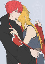 2boys akatsuki_uniform asymmetrical_bangs black_nails blue_pants blue_shirt closed_mouth crop_top deidara_(naruto) fishnet_top fishnets glaring green_nails grey_background hair_over_one_eye hayamin35 high_ponytail highres hug implied_yaoi looking_at_viewer male_focus multiple_boys naruto_(series) naruto_shippuuden open_clothes open_robe pants ponytail red_hair robe sasori_(naruto) serious shirt short_hair simple_background smile watermark
