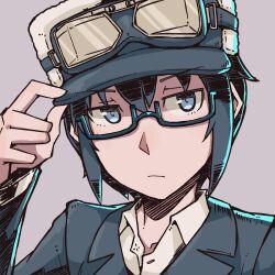 1girl :/ bespectacled black-framed_eyewear black_hair closed_mouth collared_shirt commentary_request fur_hat glasses goggles goggles_on_headwear grey_background grey_eyes grey_jacket hand_on_headwear hat highres jacket kino_(kino_no_tabi) kino_no_tabi kokuya_(kokuya28) looking_at_viewer peaked_cap shirt simple_background solo upper_body v-shaped_eyebrows white_hat white_shirt