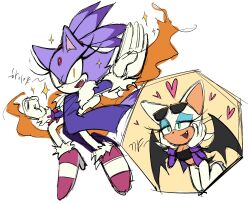 2girls animal_ears animal_nose bat_girl bat_wings blaze_the_cat breasts cat_ears cat_girl cat_tail cleavage clenched_hand commentary_request eyewear_on_head fire furry furry_female gloves green_eyes hands_on_own_cheeks hands_on_own_face heart high_heels highres korean_commentary korean_text looking_at_another multiple_girls official_alternate_costume open_mouth pants ponytail rodka_sth rouge_the_bat simple_background smile sonic_(series) sparkle sunglasses tail the_murder_of_sonic_the_hedgehog translation_request white_background white_gloves white_pants wings yellow_eyes yuri