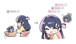Rule 34 | 1girl, afterimage, animal, animal ears, animalization, arrow (symbol), box, coat, colored inner hair, commentary, dog, dog tail, heart, highres, kiel adair, long sleeves, looking up, love curse: find your soulmate, multicolored hair, open mouth, pink hair, selene yan, short sidetail, simple background, smile, tail, tail wagging, trembling, two-tone hair, victoria qi, white background, yellow coat