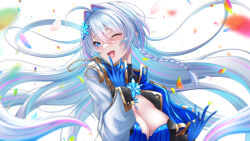 1girl ahoge aiguillette blue_capelet blue_dress blue_flower blue_gloves blurry blurry_foreground breasts capelet cleavage dress falling_petals floating_hair flower gloves hair_flower hair_intakes hair_ornament indie_virtual_youtuber large_breasts long_hair looking_at_viewer multicolored_hair open_mouth petals pink_hair rairaisuruyo simple_background solo soma_nahiro streaked_hair two-tone_hair upper_body very_long_hair virtual_youtuber white_background white_hair white_sleeves