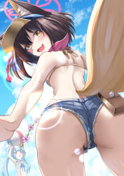 2girls animal_ears ass ass_focus bikini blue_archive blue_shorts blue_sky brown_hair chise_(blue_archive) chise_(swimsuit)_(blue_archive) commentary_request denim denim_shorts fang fox_ears fox_girl fox_tail from_below halo highres izuna_(blue_archive) izuna_(swimsuit)_(blue_archive) micro_shorts multiple_girls open_mouth partially_visible_vulva pink_scarf scarf shorts skin_fang sky striped_bikini striped_clothes swimsuit tail totororo visor_cap yellow_eyes