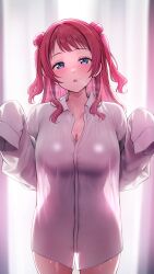 Rule 34 | 1girl, blurry, blurry background, blush, breasts, cleavage, collarbone, collared shirt, double bun, gakuen idolmaster, hair bun, hanami saki, highres, idolmaster, large breasts, long hair, looking at viewer, open mouth, pink hair, purple eyes, see-through silhouette, shiitake taishi, shirt, sleeves past fingers, sleeves past wrists, solo, steaming body, sweat, thighs, two side up, very long sleeves, white shirt