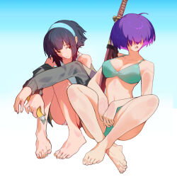 2girls ahoge alice_(raneblu) bare_shoulders barefoot bikini black_hair boxcutter breasts brown_nails cleavage feet freckles full_body gradient_background green_bikini grey_jacket hairband highres holding holding_boxcutter invisible_chair jacket katana knees_together_feet_apart looking_at_viewer looking_to_the_side mara_(raneblu) medium_breasts multiple_girls nail_polish navel off_shoulder open_mouth original purple_hair raneblu scar short_hair sidelocks sitting small_breasts swimsuit sword toenail_polish toenails toes weapon white_bikini yellow_eyes