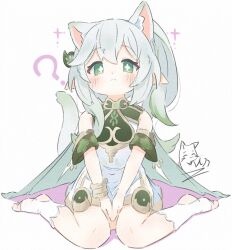 1girl ? adversarial_noise animal_ears bare_shoulders blush bracelet cape cat_ears cat_tail commentary detached_sleeves dress frown genshin_impact gold_trim green_cape green_eyes green_hair green_sleeves hair_between_eyes hair_ornament highres inaririn jewelry kemonomimi_mode leaf_hair_ornament long_hair looking_at_viewer nahida_(genshin_impact) pointy_ears side_ponytail simple_background sitting sleeveless sleeveless_dress solo star-shaped_pupils star_(symbol) symbol-shaped_pupils tail wariza white_background white_dress white_hair