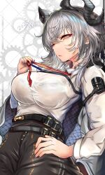 1girl adjusting_clothes adjusting_necktie black_bra black_horns black_jacket black_nails black_pants bra bra_visible_through_clothes breasts commentary_request curled_horns dated earrings fingernails grey_hair hand_on_own_hip horns houdukixx jacket jacket_on_shoulders jewelry lace lace-trimmed_bra lace_trim large_breasts long_hair looking_at_viewer necktie open_mouth orange_eyes pants red_necktie shirt solo sweat tight_clothes tight_pants underwear white_shirt wuthering_waves zani_(wuthering_waves)