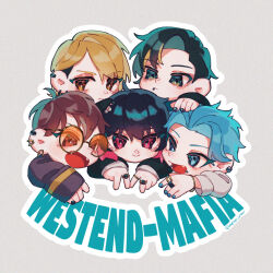 5boys :&gt; :d ahoge asymmetrical_bangs bags_under_eyes black_eyes black_hair black_nails blonde_hair blue_eyes blue_hair blue_nails bracelet brown_eyes brown_hair chibi chibi_only colored_eyelashes curtained_hair double_v eyeshadow face_piercing fang fangs film_grain gold_bracelet grey_background group_name hair_between_eyes hand_on_another&#039;s_head highres hisakaze_shion human_tower hypnosis_mic hypnosis_mic:_rule_the_stage igari_ranmaru jewelry kirimura_tokuma light_frown lip_piercing long_sleeves looking_at_another looking_at_viewer looking_down looking_to_the_side makeup male_focus metro_exe multicolored_hair multiple_boys multiple_piercings multiple_rings open_mouth outline parted_bangs piercing pink_eyes pink_hair portrait ring round_eyewear sakiyama_yoshitsune shirakumo_mahiru short_hair sideburns sleeve_cuffs sleeves_past_wrists smile stacking streaked_hair sunglasses twitter_username two-tone_hair v very_short_hair westend-mafia white_nails white_outline wispy_bangs yellow_eyes