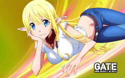 1girl artist_request blonde_hair blue_eyes denim elf gate_-_jieitai_ka_no_chi_nite_kaku_tatakaeri groin highres jeans lowleg lowleg_pants pants pointy_ears tagme tuka_luna_marceau