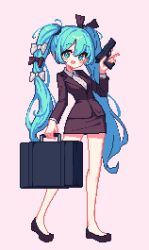 1girl :d alternate_costume black_bow black_ribbon black_shoes black_skirt black_suit blue_eyes blue_hair bow breasts briefcase collared_shirt commentary_request dasa_(bearisalive) flats formal_clothes full_body grey_background gun hair_between_eyes hair_bow hair_ribbon hair_tie handgun hatsune_miku holding holding_briefcase holding_gun holding_weapon long_hair long_sleeves looking_at_viewer miniskirt multiple_hair_bows open_mouth pencil_skirt pixel_art ribbon shirt shoes simple_background skirt smile solo suit twintails very_long_hair vocaloid weapon white_bow white_shirt