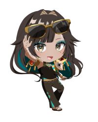 1girl :d anu_ochre aqua_hair aqua_nails black_hair black_pants black_shoes bond_en bondlive chibi colored_inner_hair dark-skinned_female dark_skin eyeshadow eyewear_on_head full_body hair_intakes long_hair makeup mole mole_under_eye multicolored_hair open_mouth pants shoes simple_background smile solo streaked_hair sunglasses ta_ma_go0 toenails tongue transparent_background virtual_youtuber yellow-framed_eyewear yellow_eyes